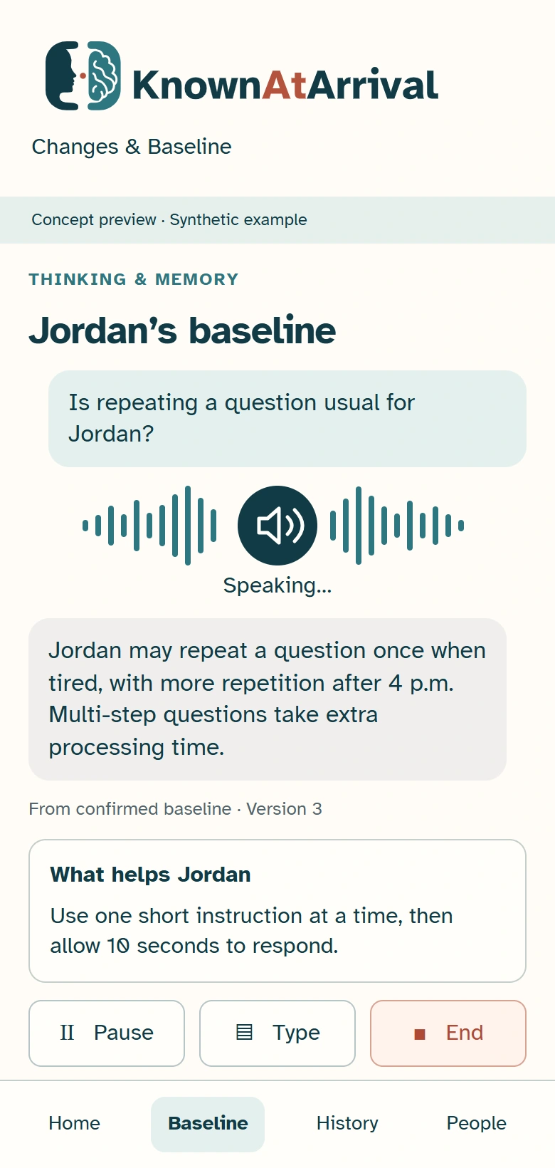 Concept screen: Jordan’s confirmed cognitive baseline explained aloud, with a speaking waveform and practical support