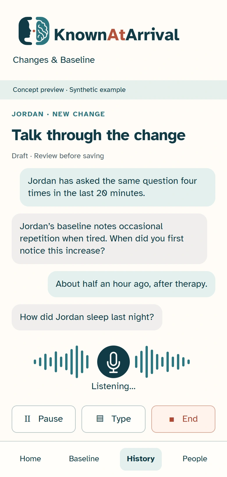 Concept screen: a guided voice conversation asks when Jordan’s increased repetition began and about sleep, with a listening waveform and review before saving