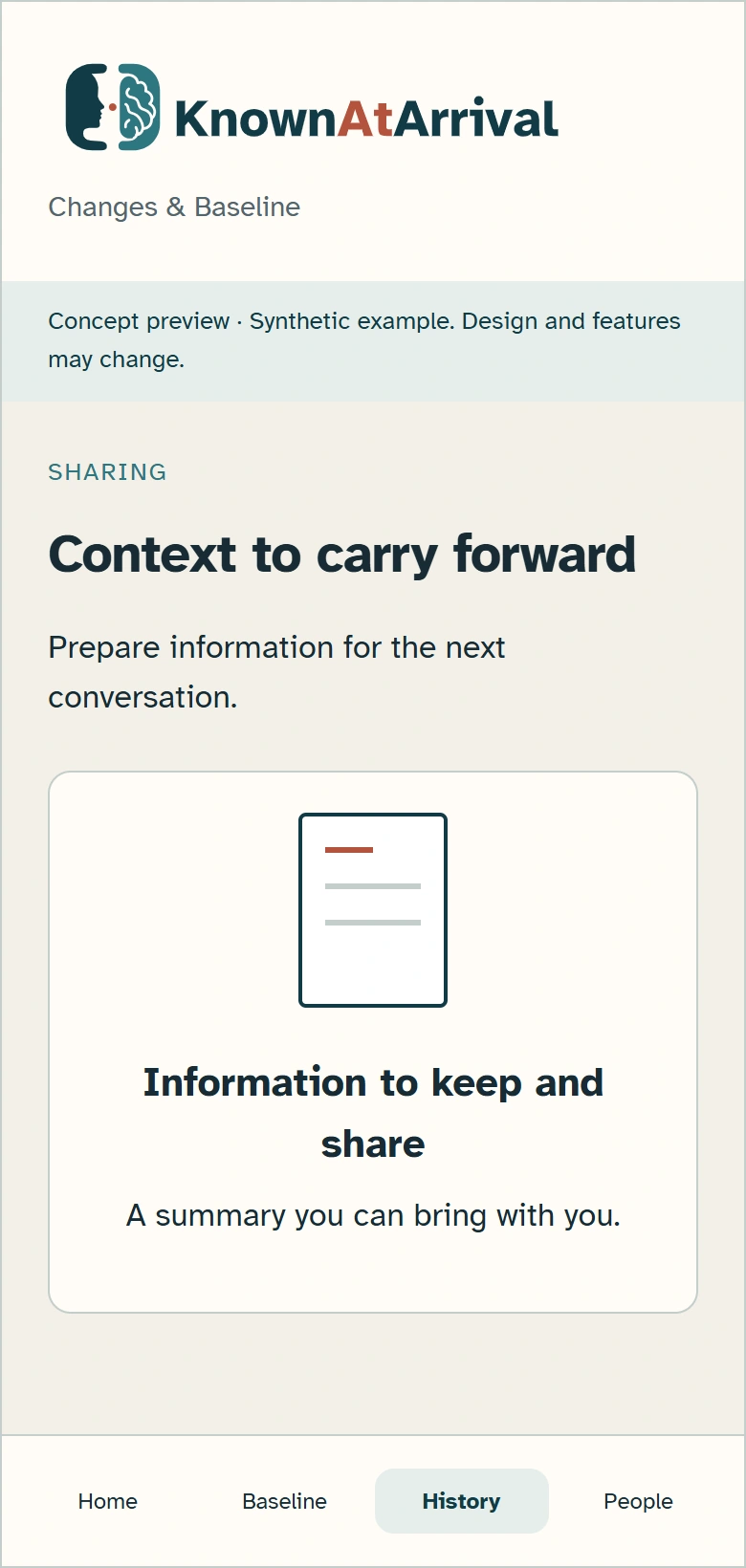 Concept sharing screen with summary document and bottom navigation